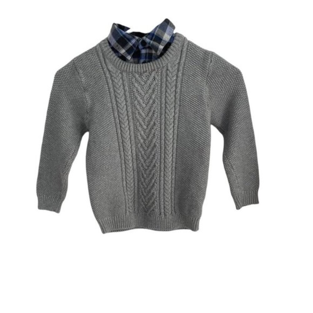 Cherokee Kids Gray Cable Knit Layered Look Sweater with Plaid Collar Trim